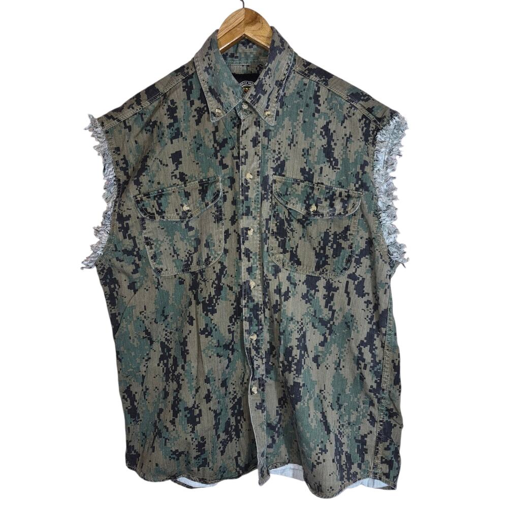 Vintage Biker Wear USA Men's USMC Semper Fi Camo Button Up Sleeveless Shirt L